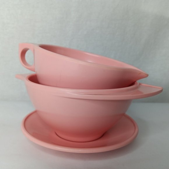 Vintage Boonton Ware Melamine Sugar Bowl Creamer Saucer Set Pink USA Made - Picture 2 of 16